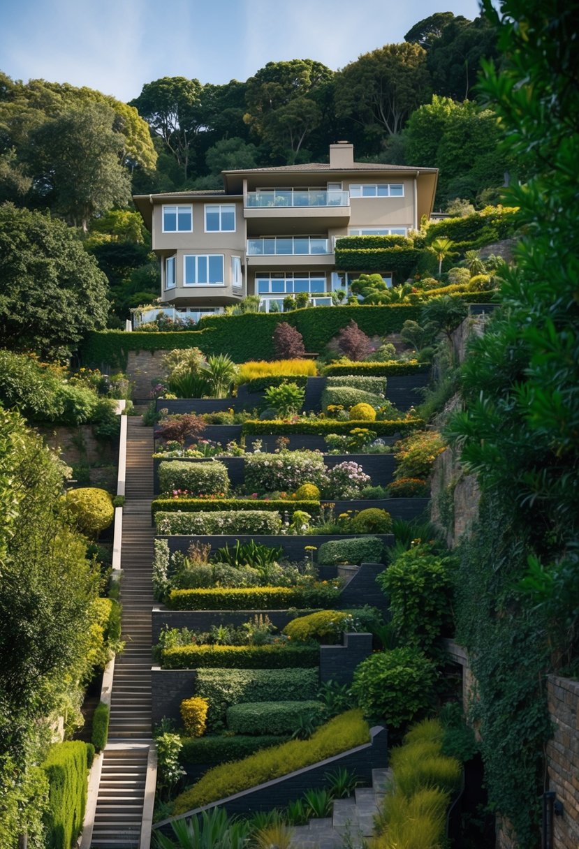 A split-level house nestled into a steep hillside, with terraced gardens and multiple levels cascading down the slope, surrounded by lush foliage