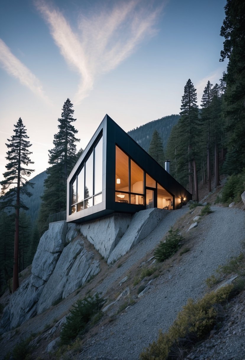 A sleek, angular house perched on a steep mountainside, surrounded by tall pines and boasting large windows to take in the stunning views