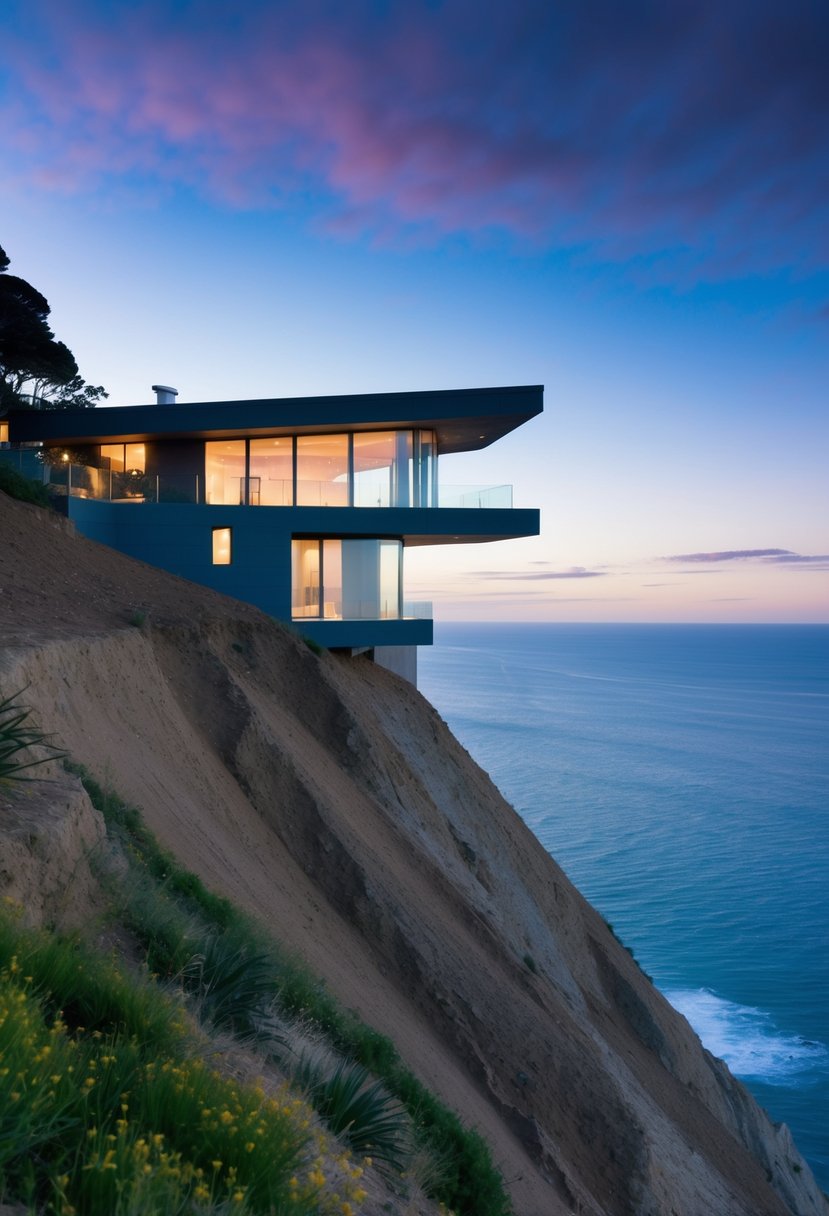 A modern cliffside house with large windows and a cantilevered design, perched on a steep slope overlooking the ocean