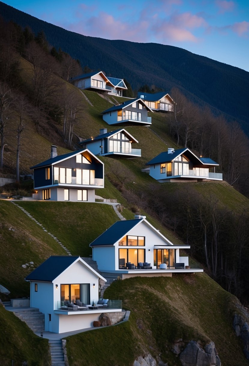 A mountainous landscape with 7 unique homes built on steep slopes, showcasing innovative architecture and design concepts