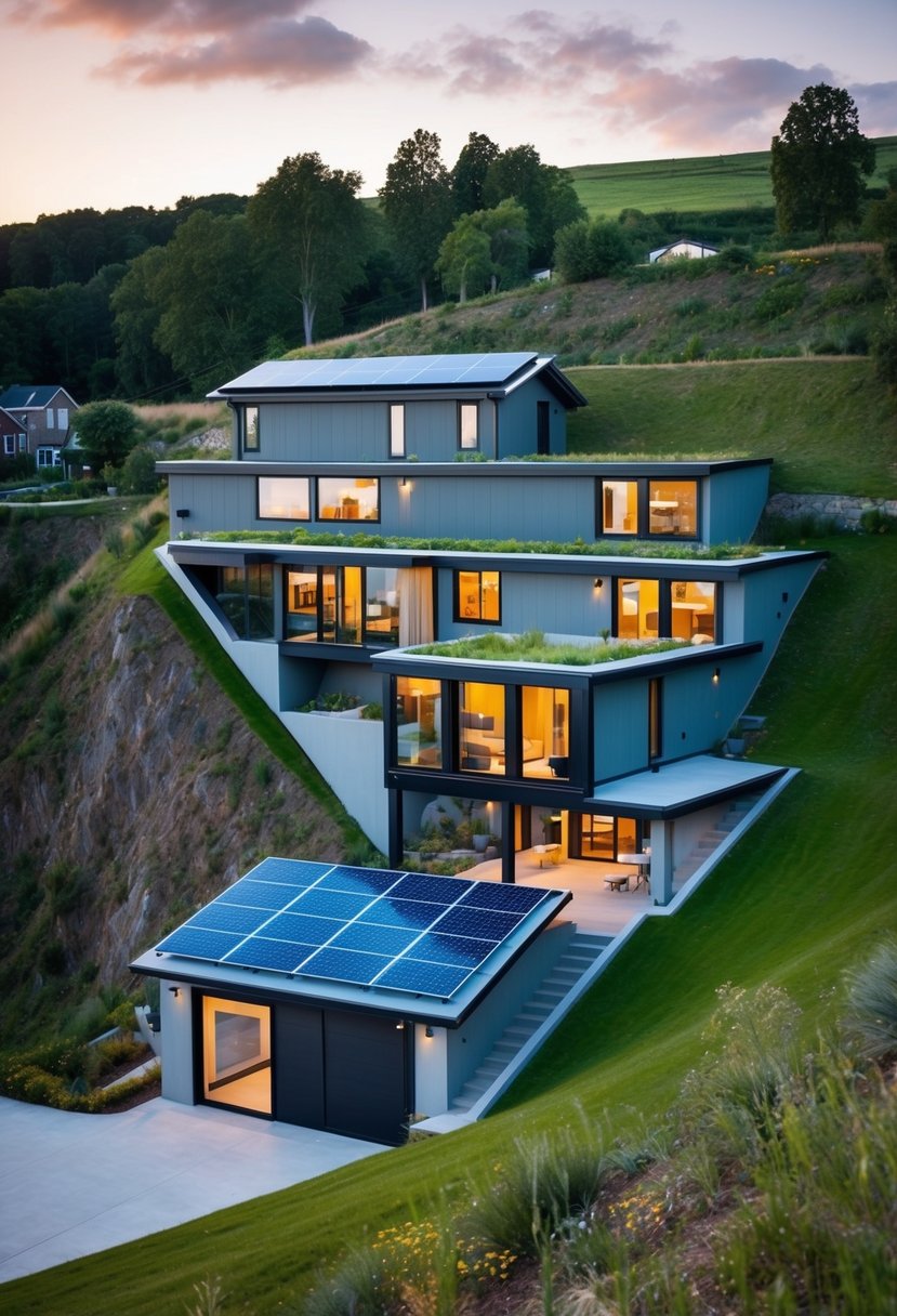A modern, eco-friendly house built into a steep hillside, featuring green roofs, solar panels, and large windows for natural light
