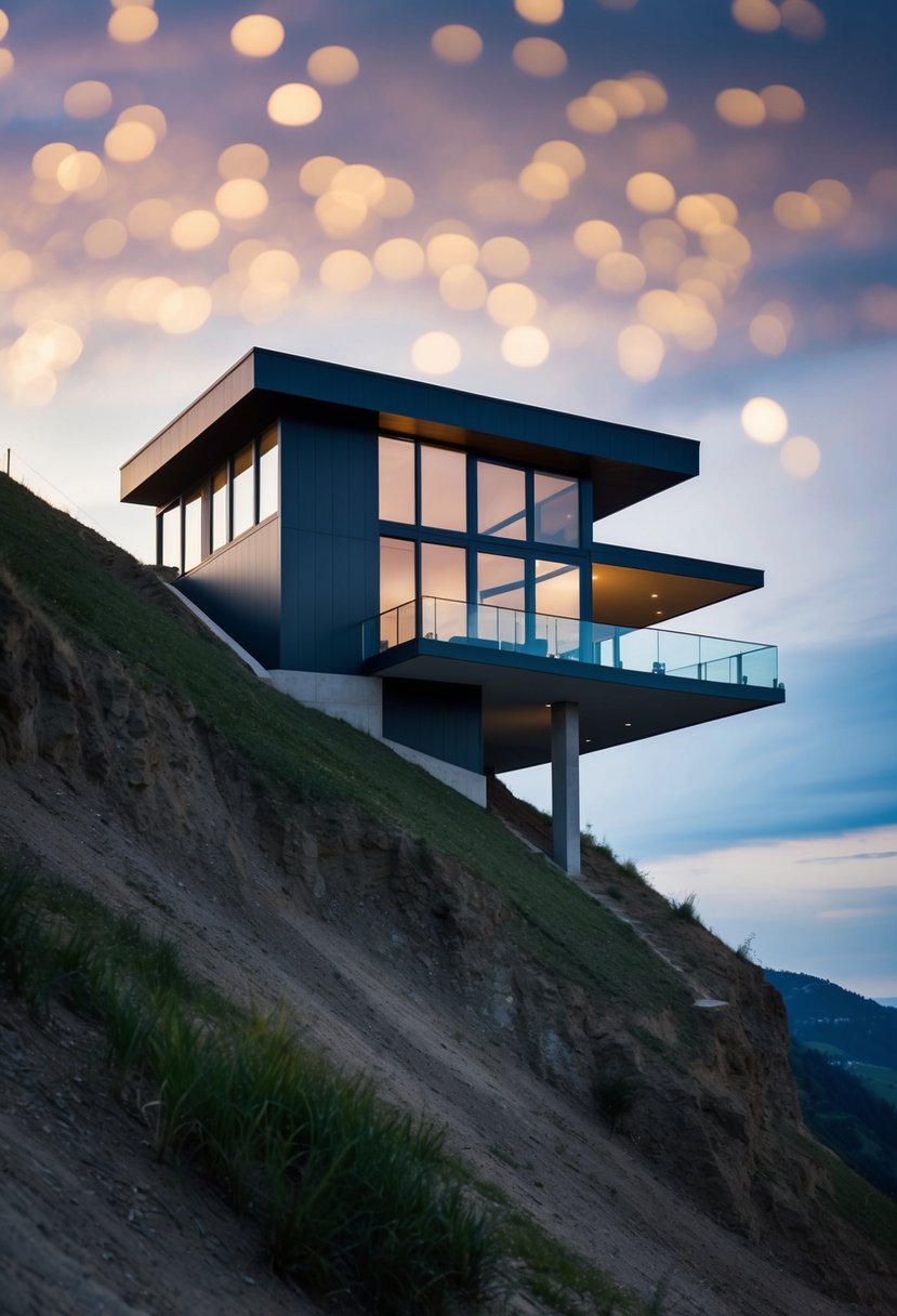 A modern house perched on a steep slope, with large windows and a cantilevered design to take advantage of the panoramic views