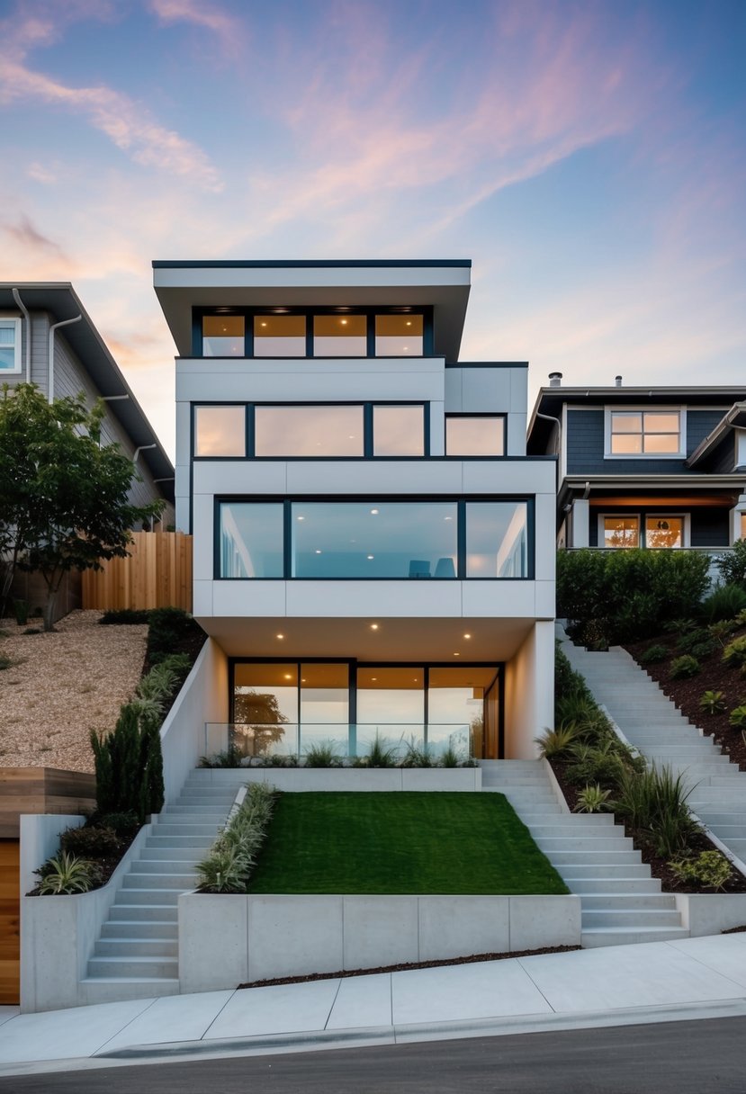 A modern house built into a sloped lot, featuring tiered levels, large windows, and a mix of natural materials and clean lines