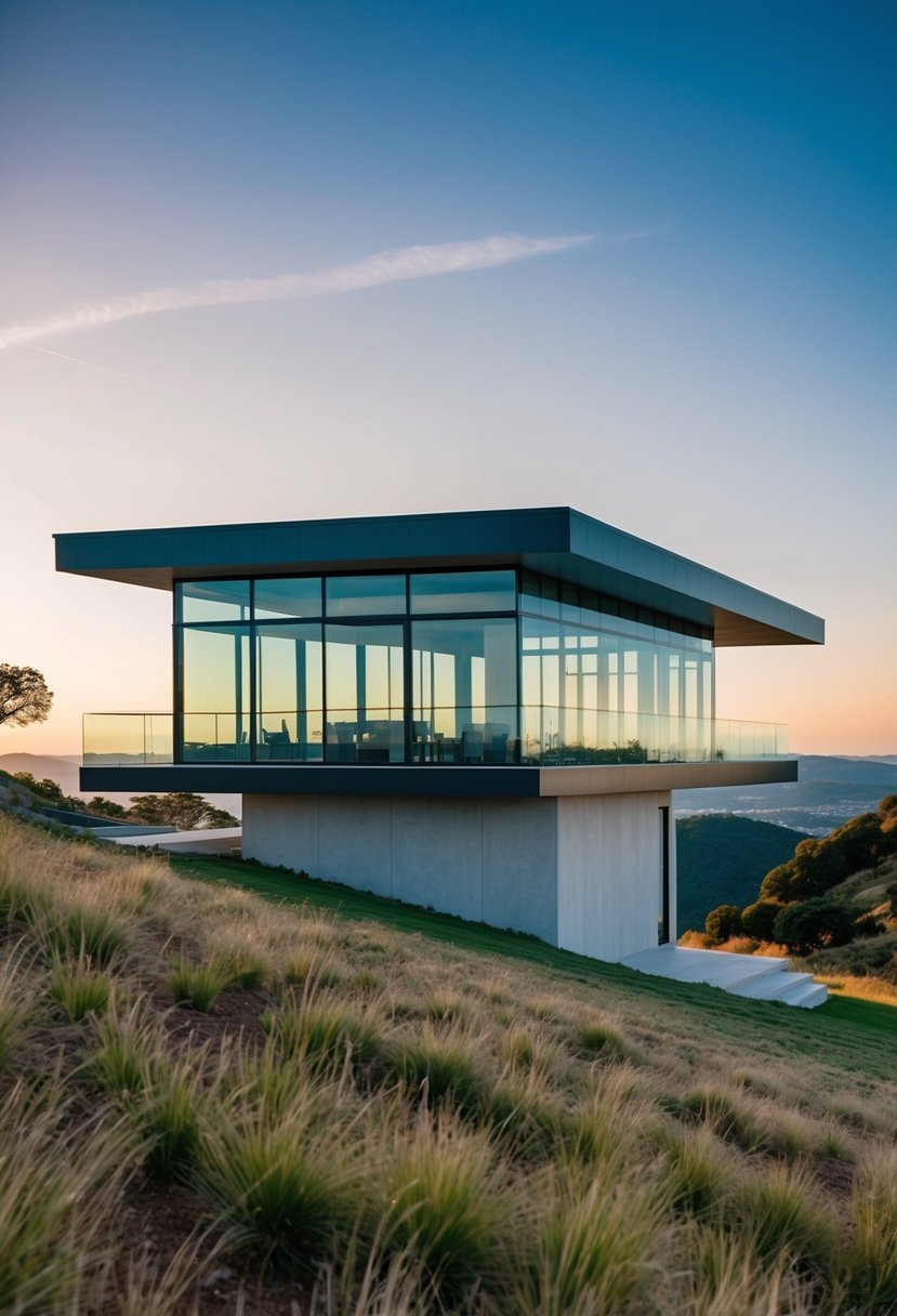 7 Hill Slope House Design Ideas: Creative Solutions for Challenging Terrain 3 A modern hillside house with glass walls offering panoramic views of the surrounding landscape