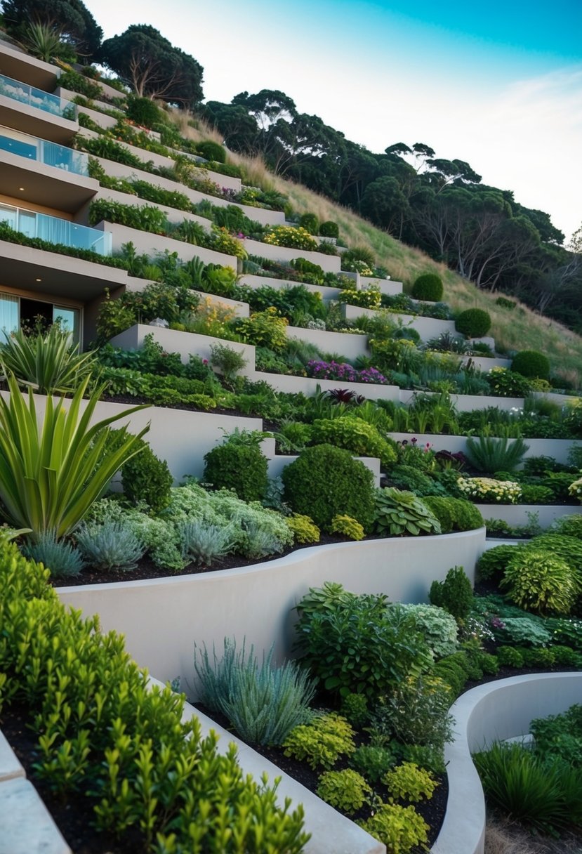 7 Hill Slope House Design Ideas: Creative Solutions for Challenging Terrain 5 A series of terraced gardens cascade down a steep hill, with each level featuring unique landscaping and outdoor living spaces
