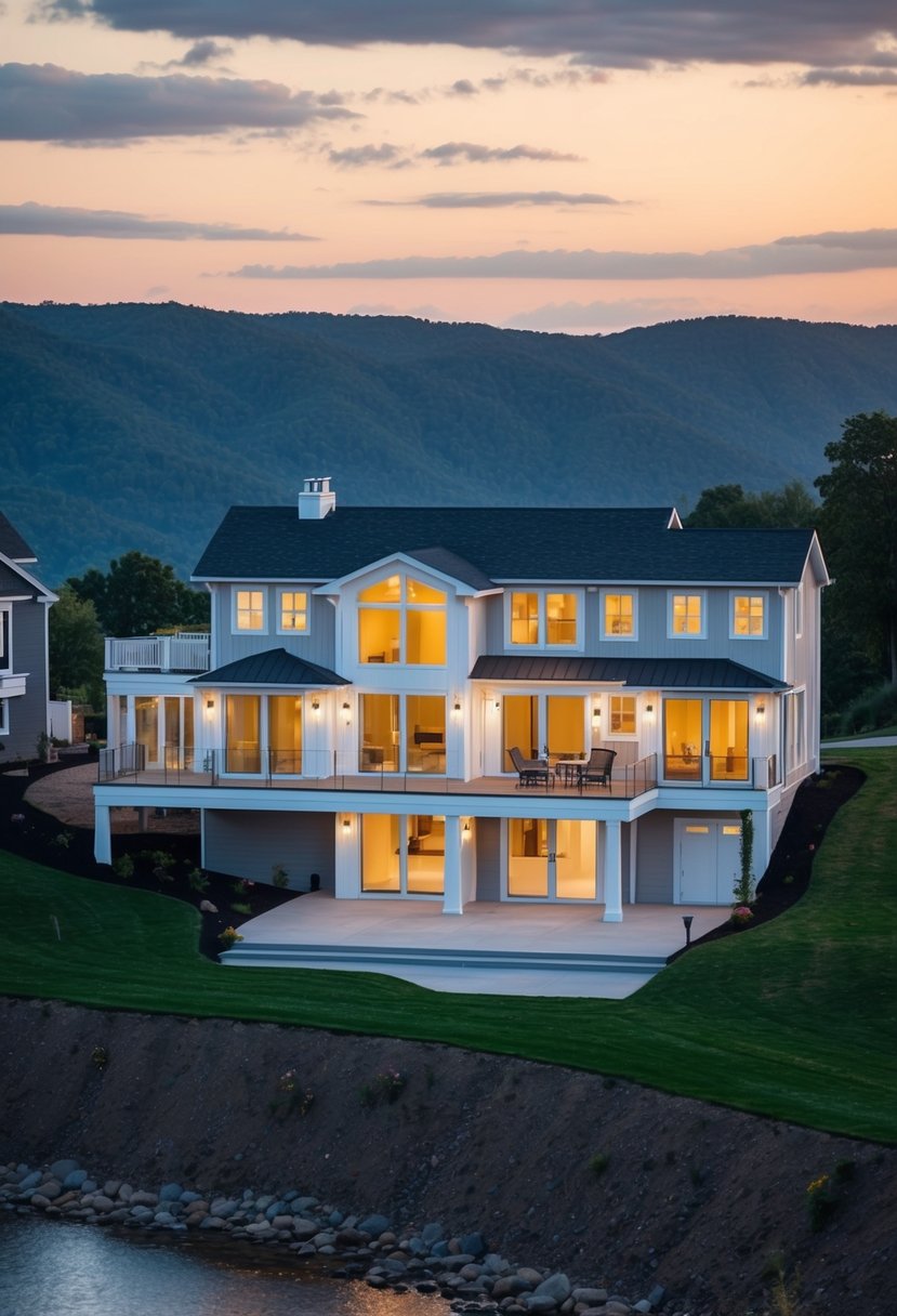 A spacious open concept floor plan with large windows and a walkout basement nestled into a hillside