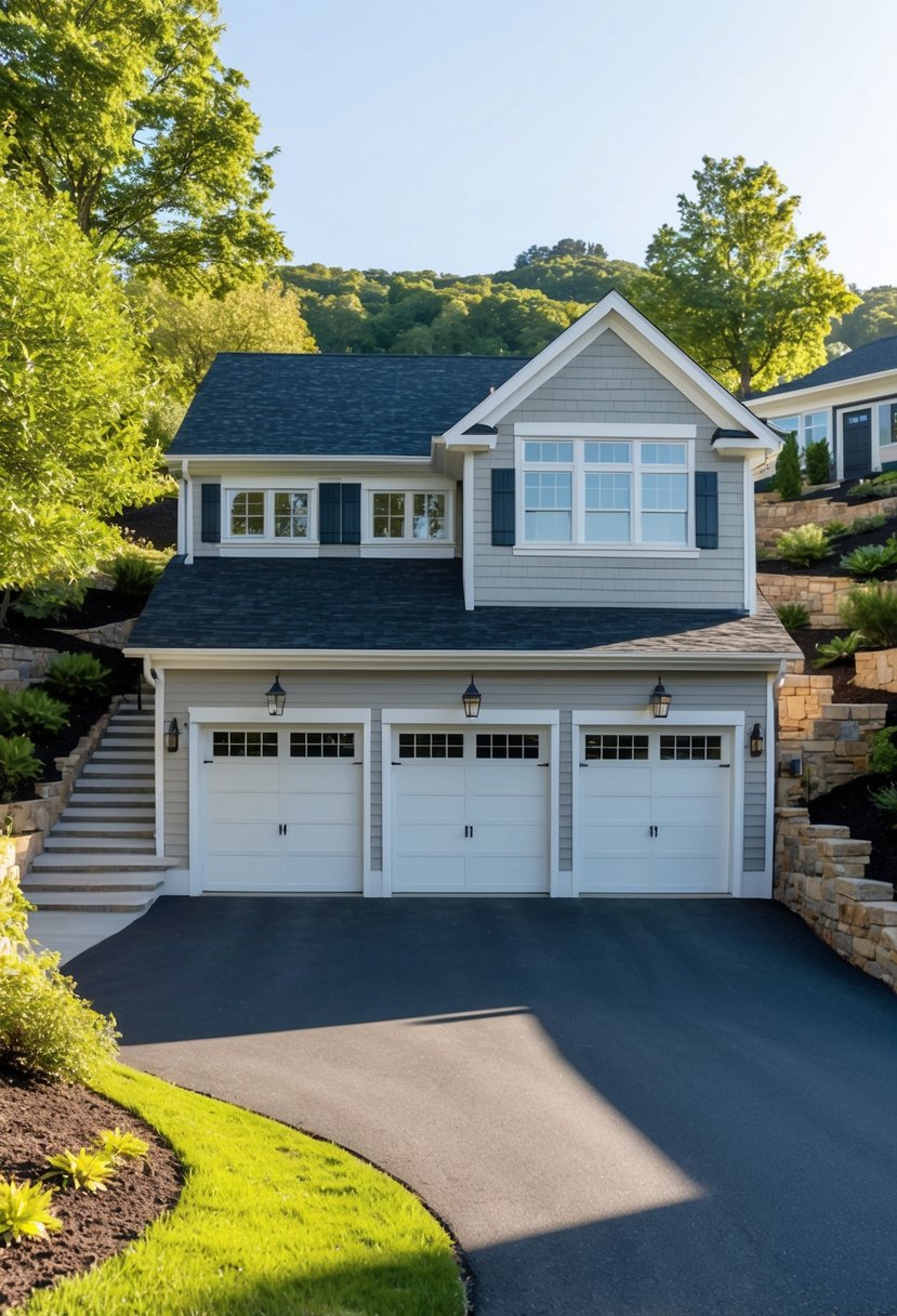 A spacious three-car garage attached to a modern hillside walkout basement house, surrounded by lush landscaping and a gently sloping terrain