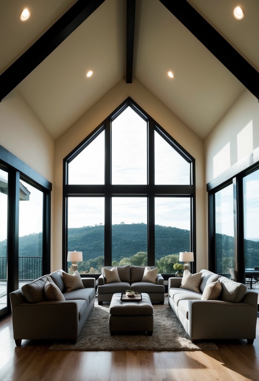 A spacious living room with a vaulted ceiling, overlooking a hillside through large windows