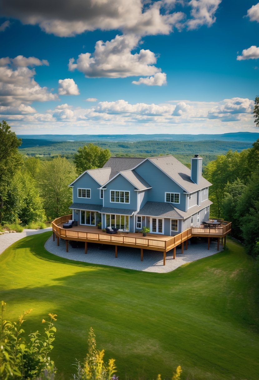 A hillside walkout basement house with a wrap-around deck overlooking a scenic landscape