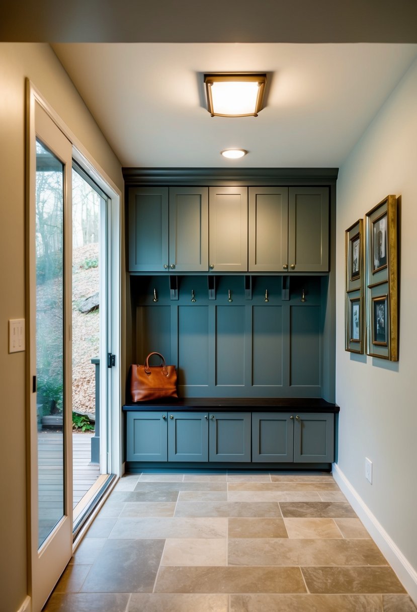 A mudroom with built-in storage in a hillside walkout basement house