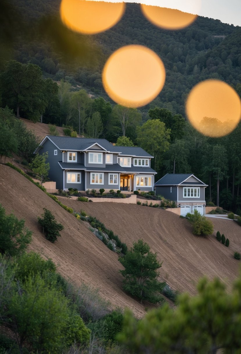 A hillside with 7 walkout basement house plans nestled into the sloped terrain, surrounded by trees and natural landscaping