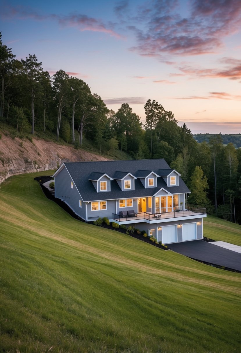 A hillside walkout basement house with sloping terrain, surrounded by trees and a scenic view