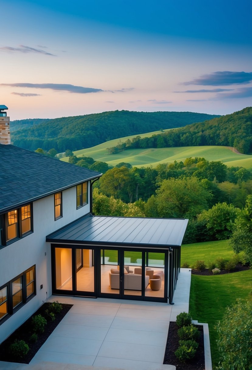 A hillside walkout basement with large windows and patio doors leading to a scenic view of rolling hills and lush greenery