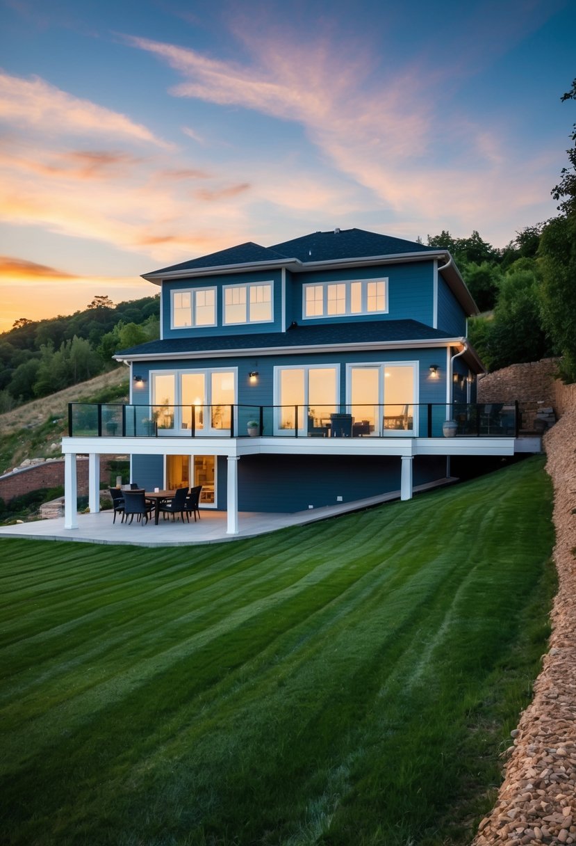 A hillside walkout basement house with large windows, sloping terrain, and a spacious outdoor patio
