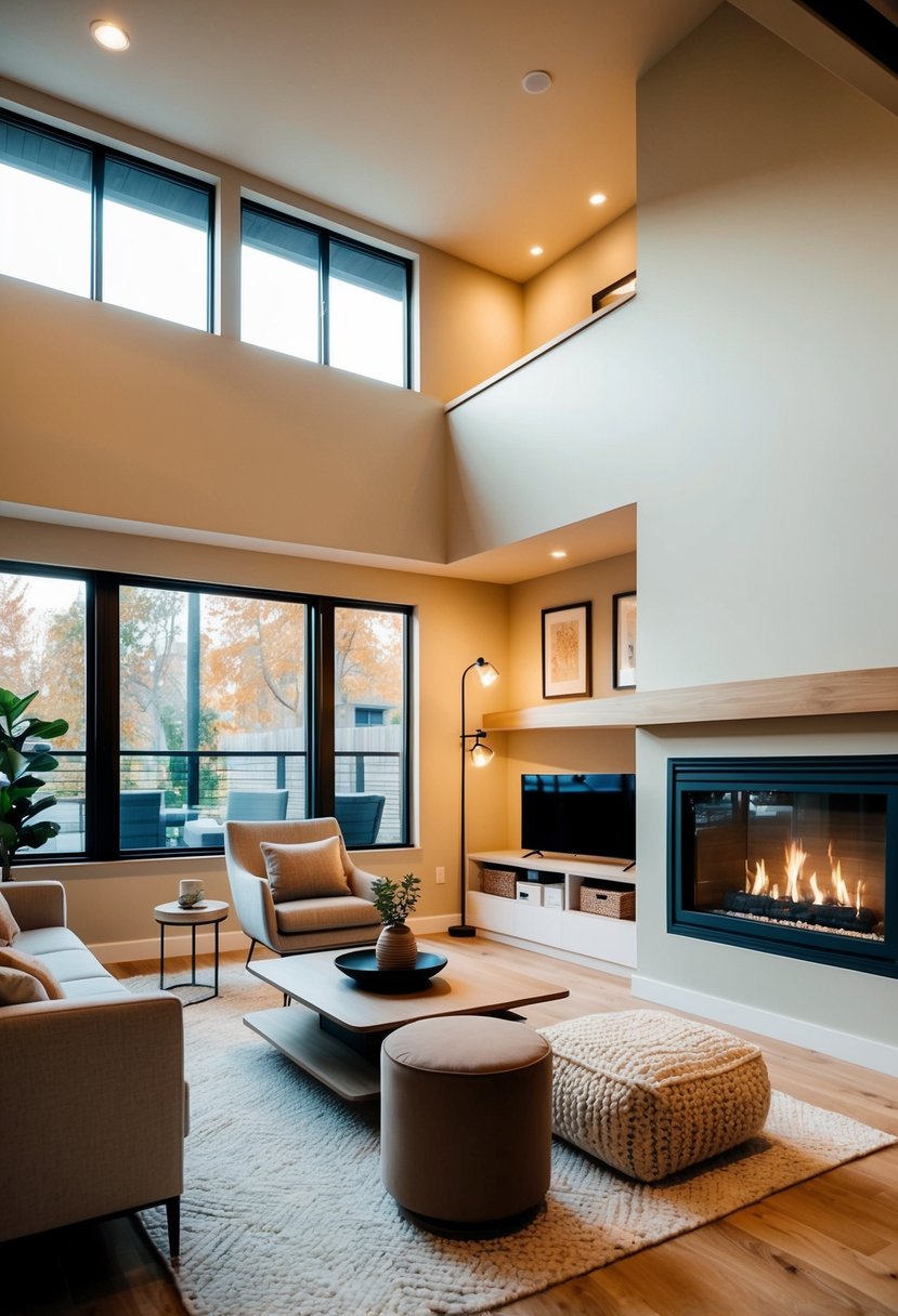 A cozy split-level living room with a fireplace, large windows, and modern furniture. Warm lighting and a neutral color palette create a welcoming atmosphere