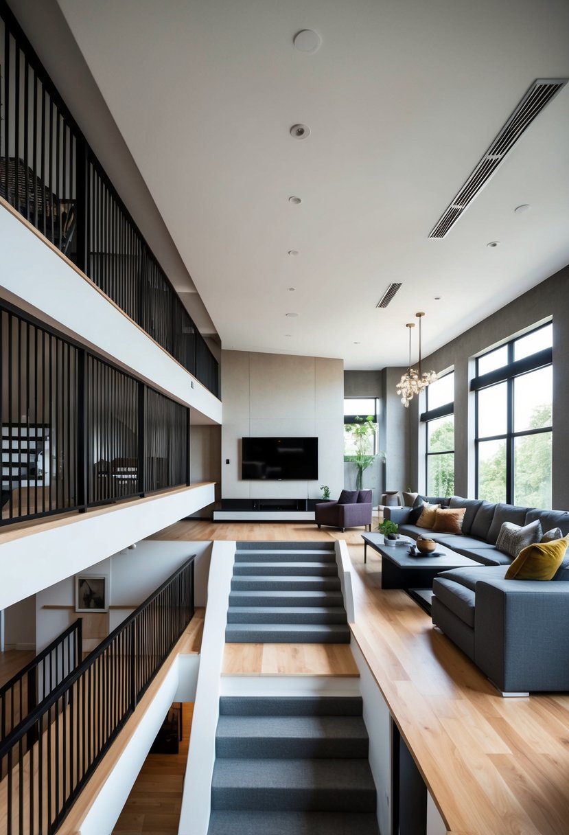 A long living room split into multiple levels with stairs, different seating areas, and varying floor heights