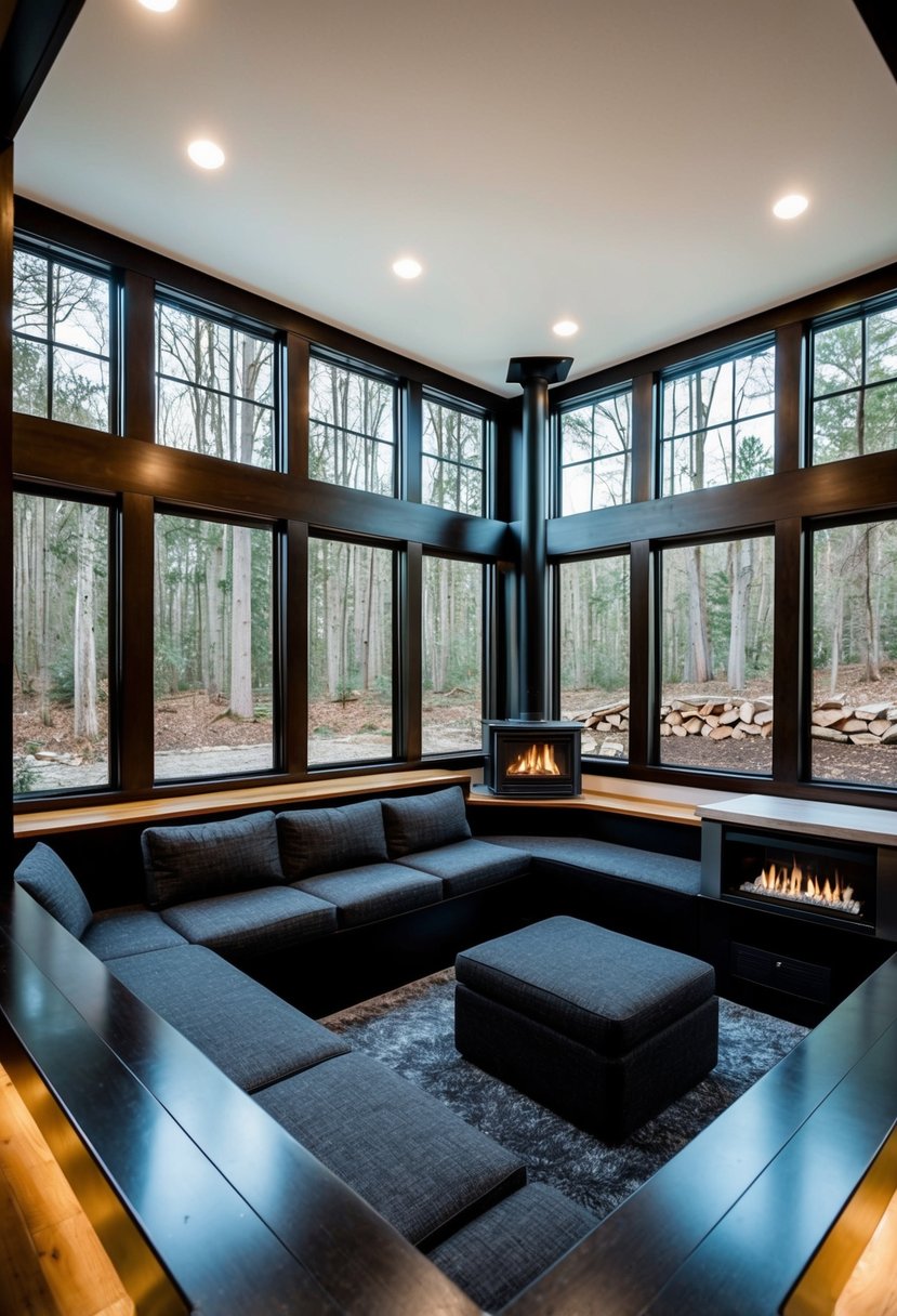 A split-level living room with a sunken seating area, a fireplace, and large windows overlooking a wooded backyard