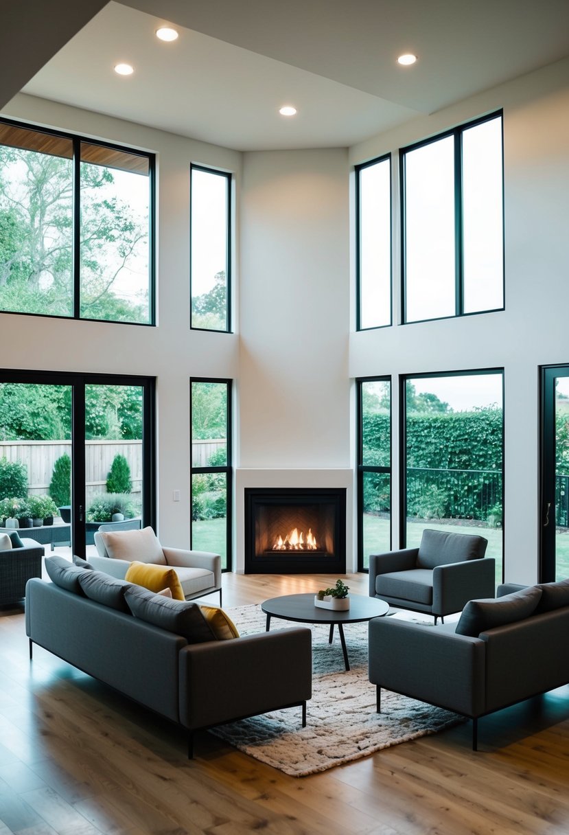 A split-level living room with modern furniture, a cozy fireplace, and large windows overlooking a lush backyard