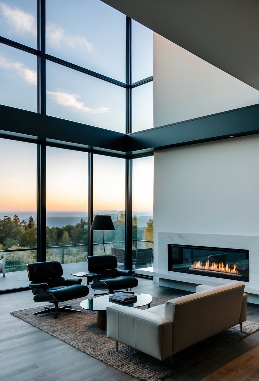 A split-level living room with modern furniture, a fireplace, and large windows overlooking a scenic view