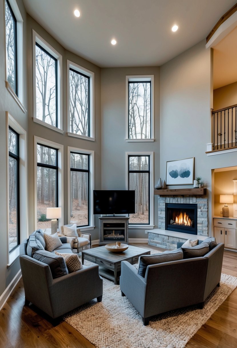 A split-level family room with cozy seating, a fireplace, and large windows overlooking a wooded backyard