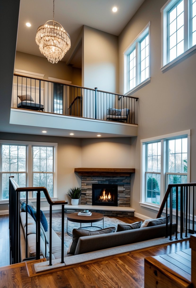 A split-level living room with a sunken seating area, open staircase, and high ceilings. A cozy fireplace and large windows provide natural light