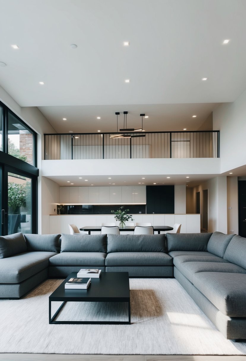 A spacious split-level living room with a modern sectional arrangement, featuring sleek furniture and minimalist decor