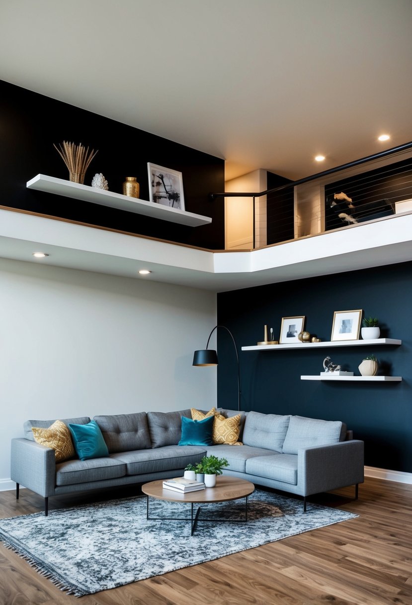 A split-level living room with modern floating shelves installed on the walls, showcasing decorative items and adding functionality to the space