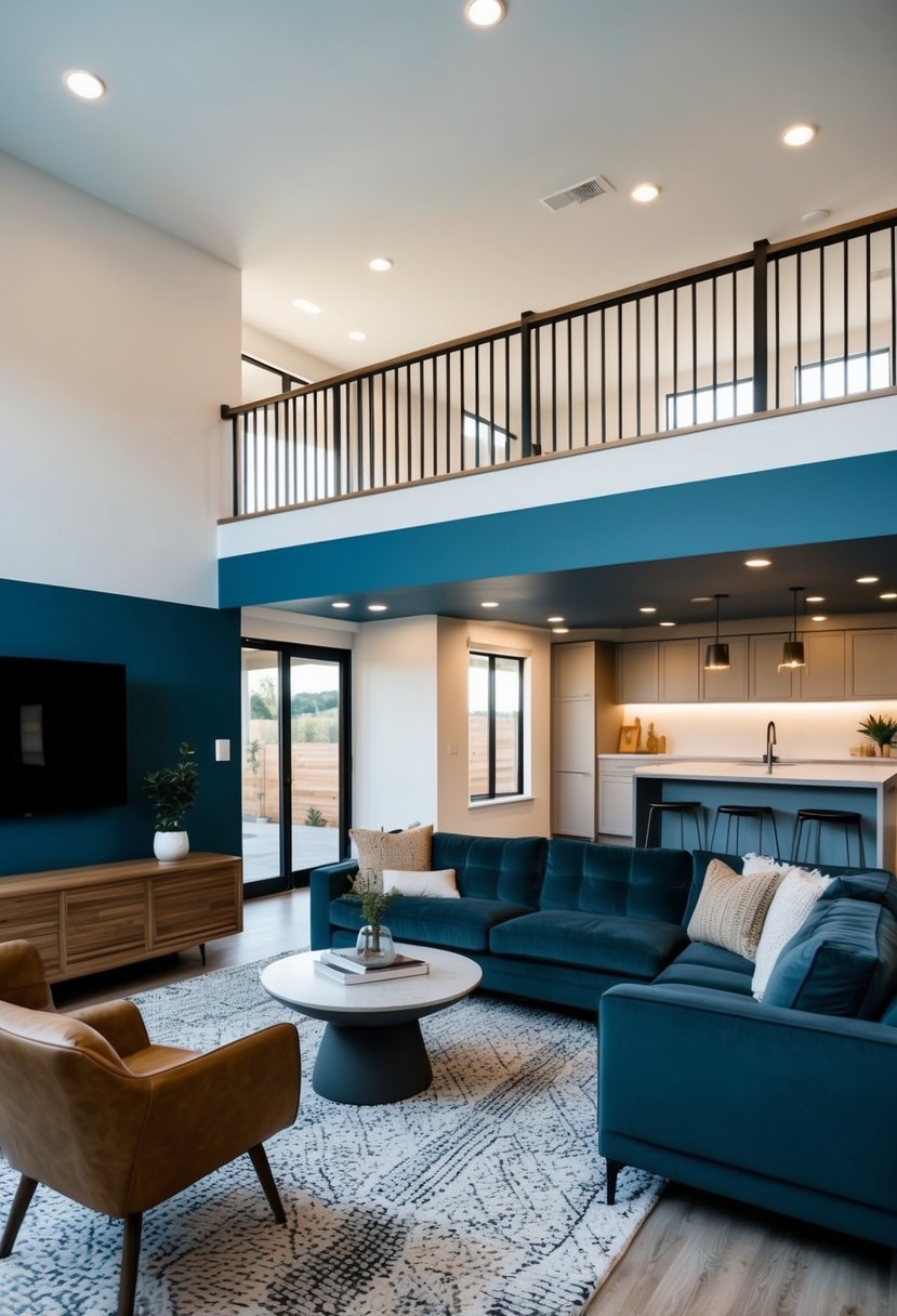 A modern split-level living room with dual-toned paint scheme, featuring open concept layout, cozy seating, and natural light