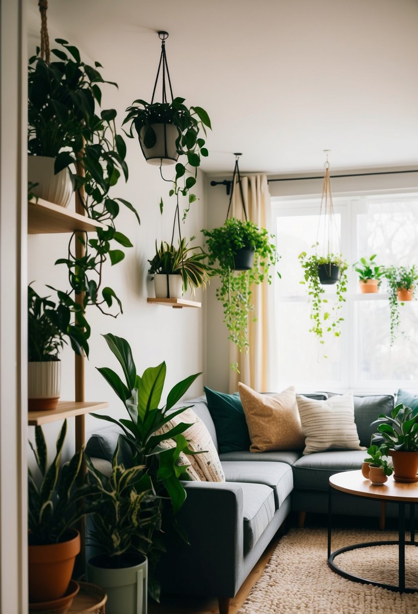 A cozy living room with a split-level corner dedicated to indoor plants, featuring various potted plants, hanging planters, and shelves filled with greenery