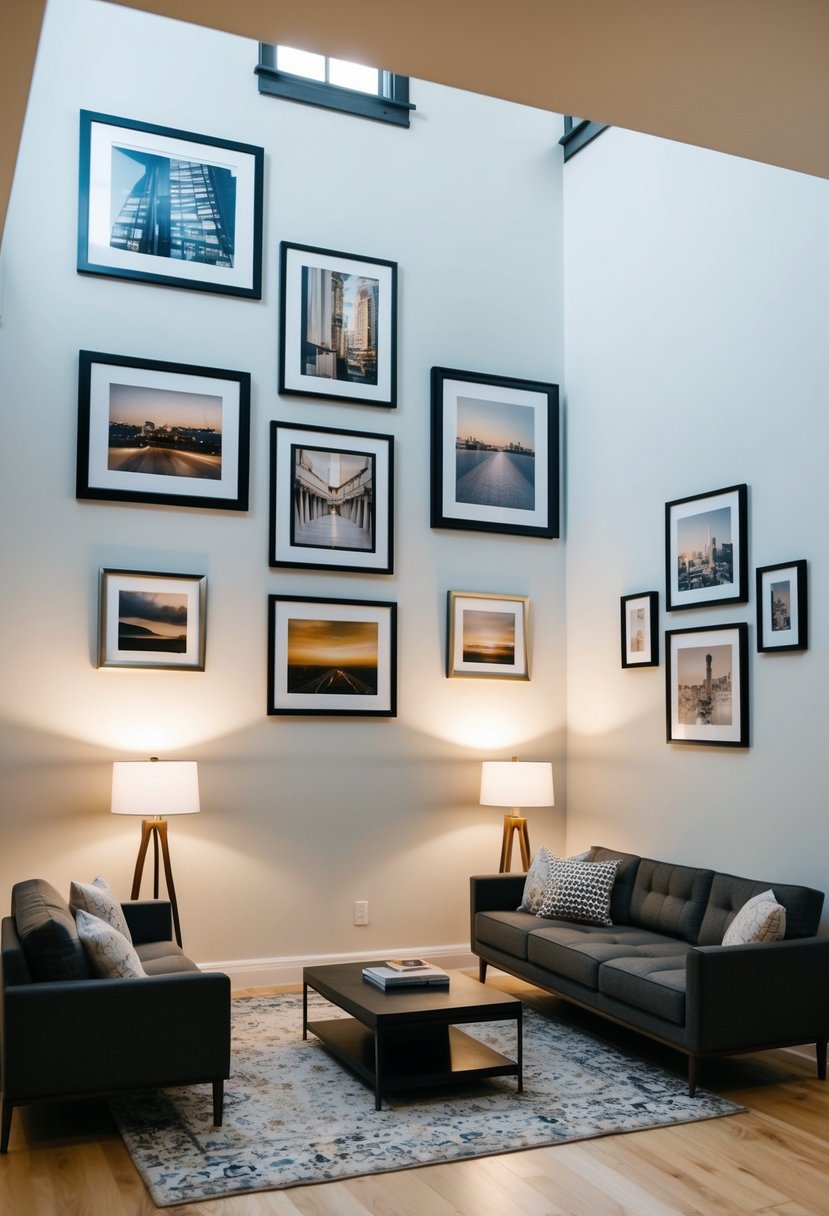 A split-level living room with a gallery wall decor featuring seven framed artworks arranged in a visually appealing manner. The room is well-lit with natural light and features modern furniture