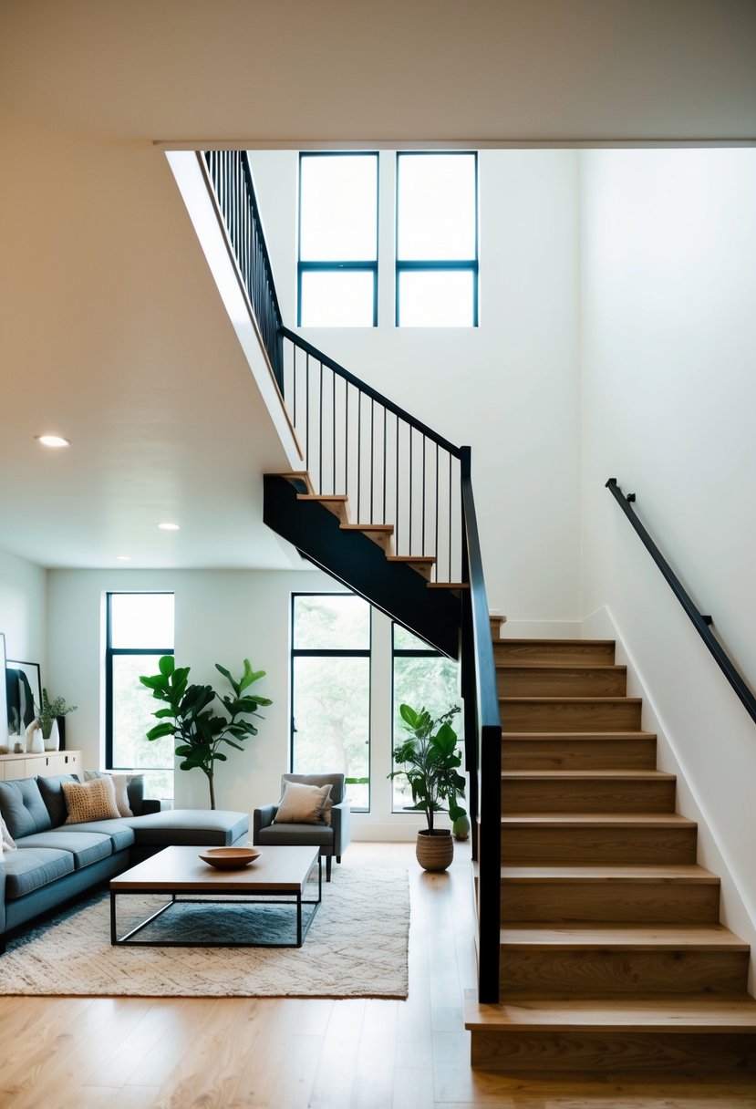 A split-level living room with an open staircase design, featuring modern furniture and natural lighting