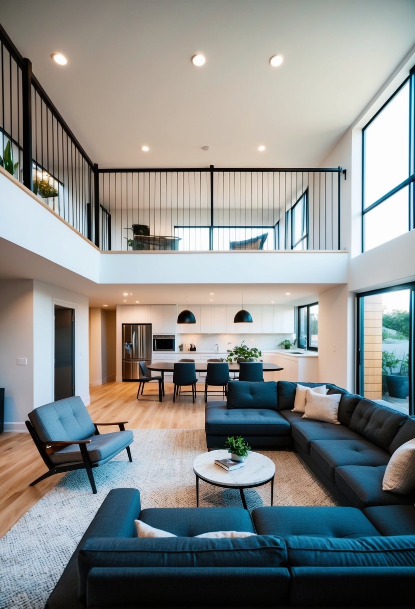A split-level living room with modern furniture, open floor plan, and natural lighting