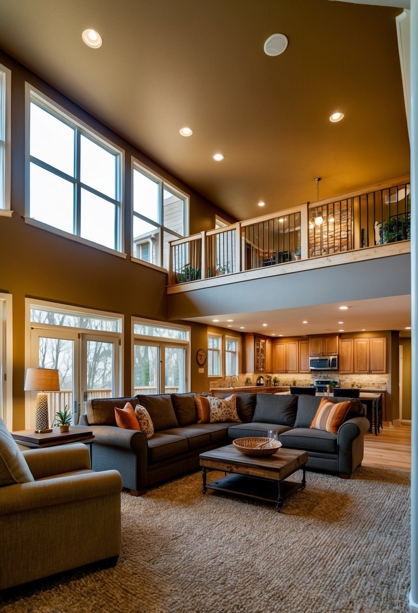 A split-level living room with warm earth tones, pops of vibrant colors, and natural textures. Large windows flood the space with natural light, creating a cozy and inviting atmosphere