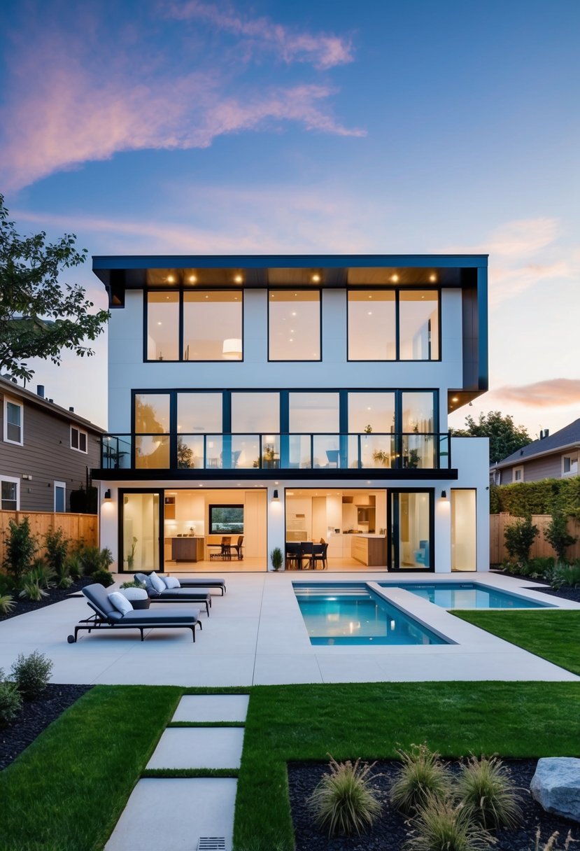 A split-level home with modern architecture, large windows, landscaped gardens, outdoor patio, and open floor plan