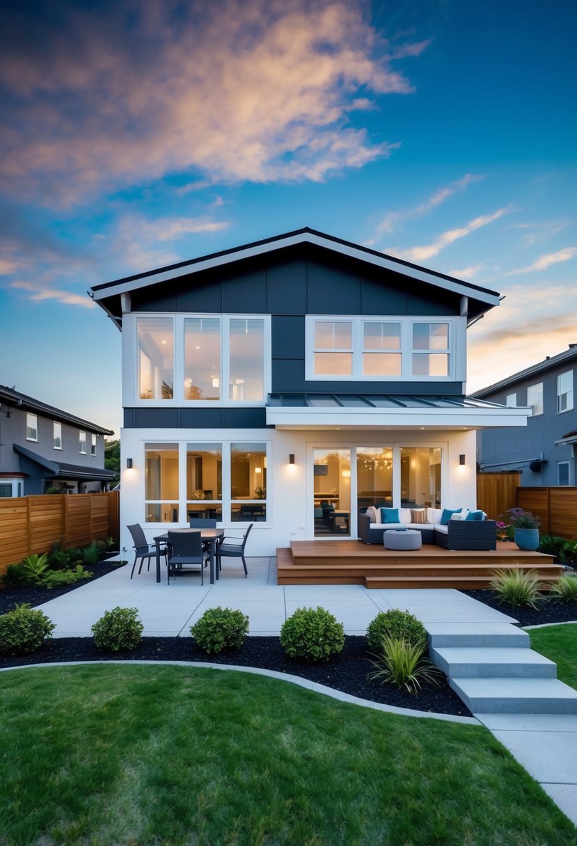 A split-level home with a modern facade, landscaped front yard, large windows, and a spacious deck with outdoor furniture