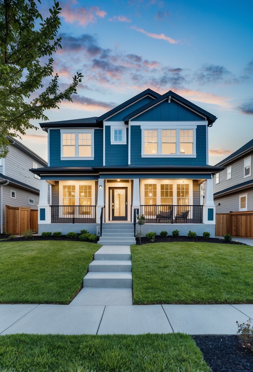 A split-level house with a landscaped front yard, modern exterior finishes, large windows, and a spacious front porch
