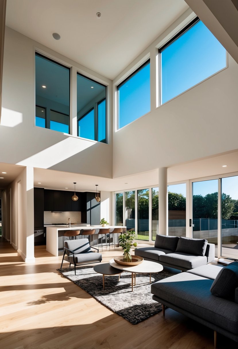 A split-level home with open-concept living area, modern kitchen, and stylish furniture. Sunlight streams in through large windows, showcasing the unique architectural design