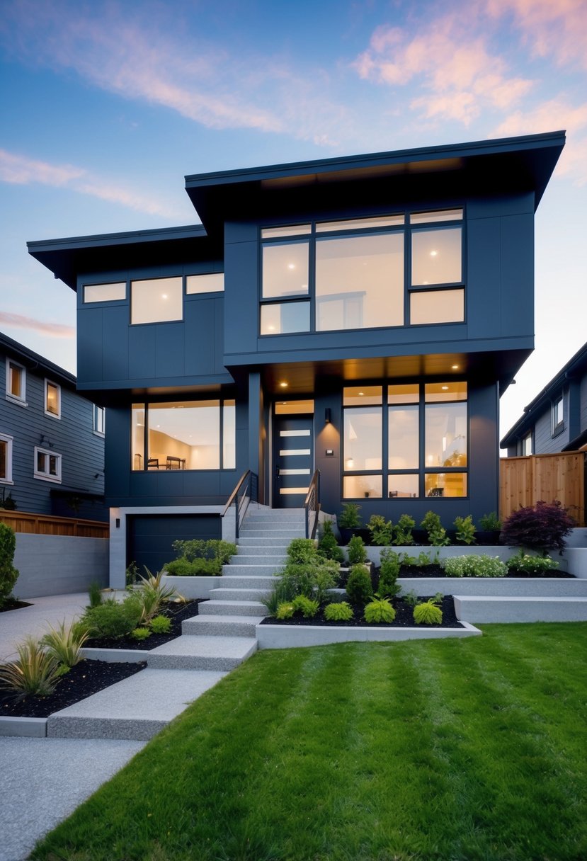 A split-level house with a modern facade, landscaping, and spacious interior
