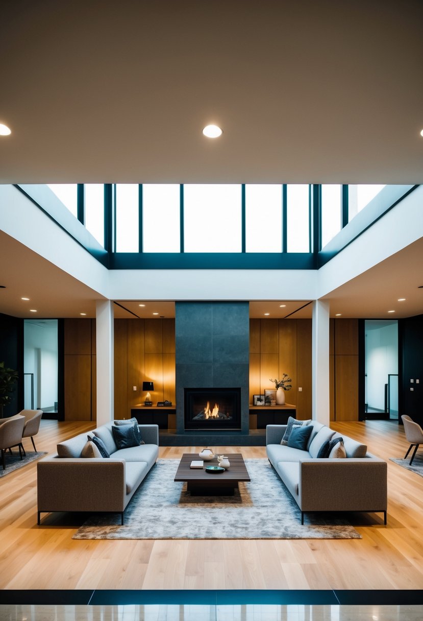 A sunken living room with modern furniture and a fireplace, surrounded by split-level floors and open spaces