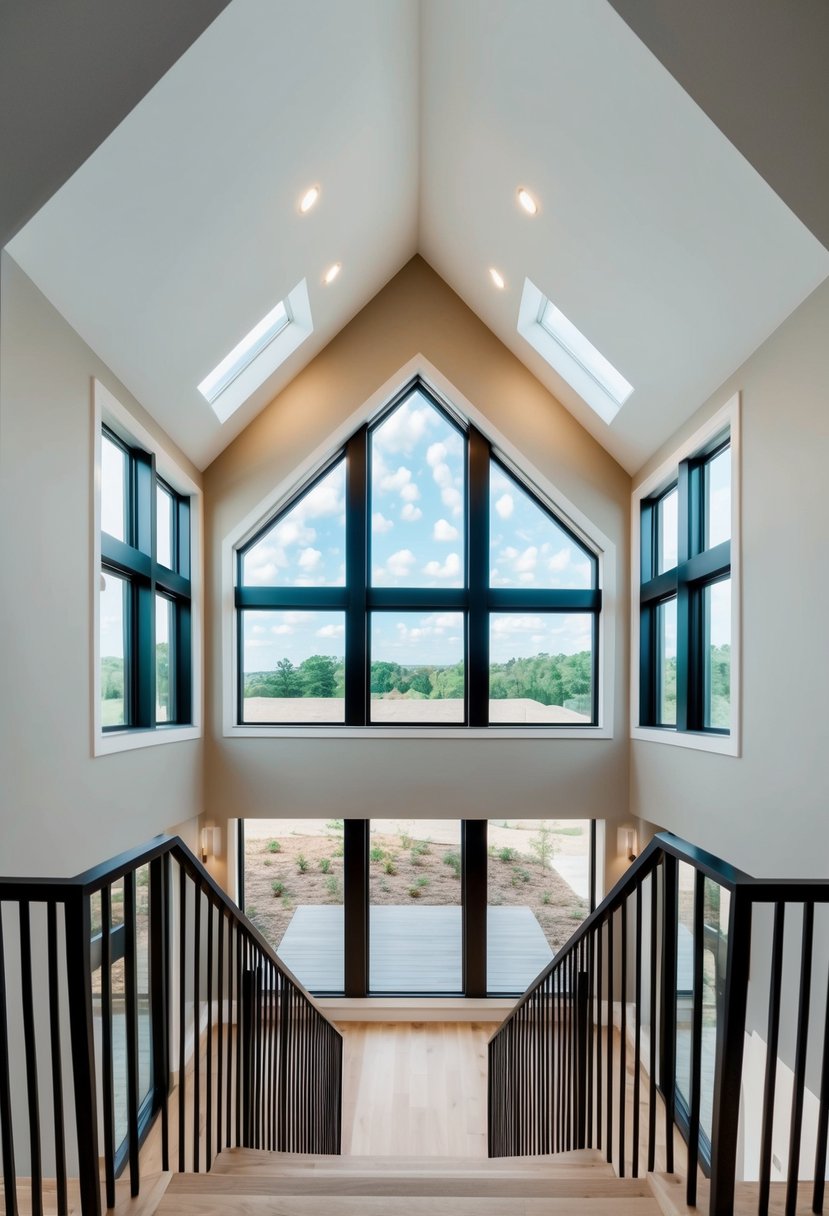 A modern split-level home with vaulted ceilings and open floor plan, featuring large windows and natural light streaming in