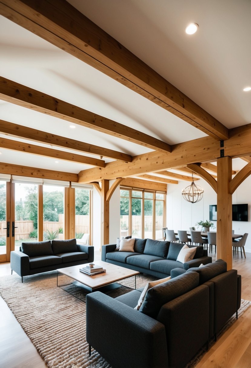 A spacious living room with exposed wooden beams, natural light, and modern furnishings