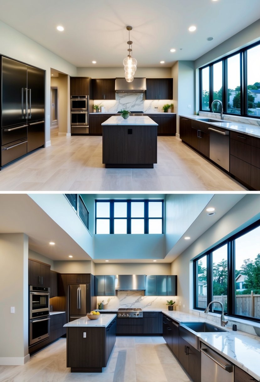 A modern split-level home with two open-concept kitchens, one on the upper level and one on the lower level. The sleek design features stainless steel appliances, marble countertops, and large windows offering plenty of natural light