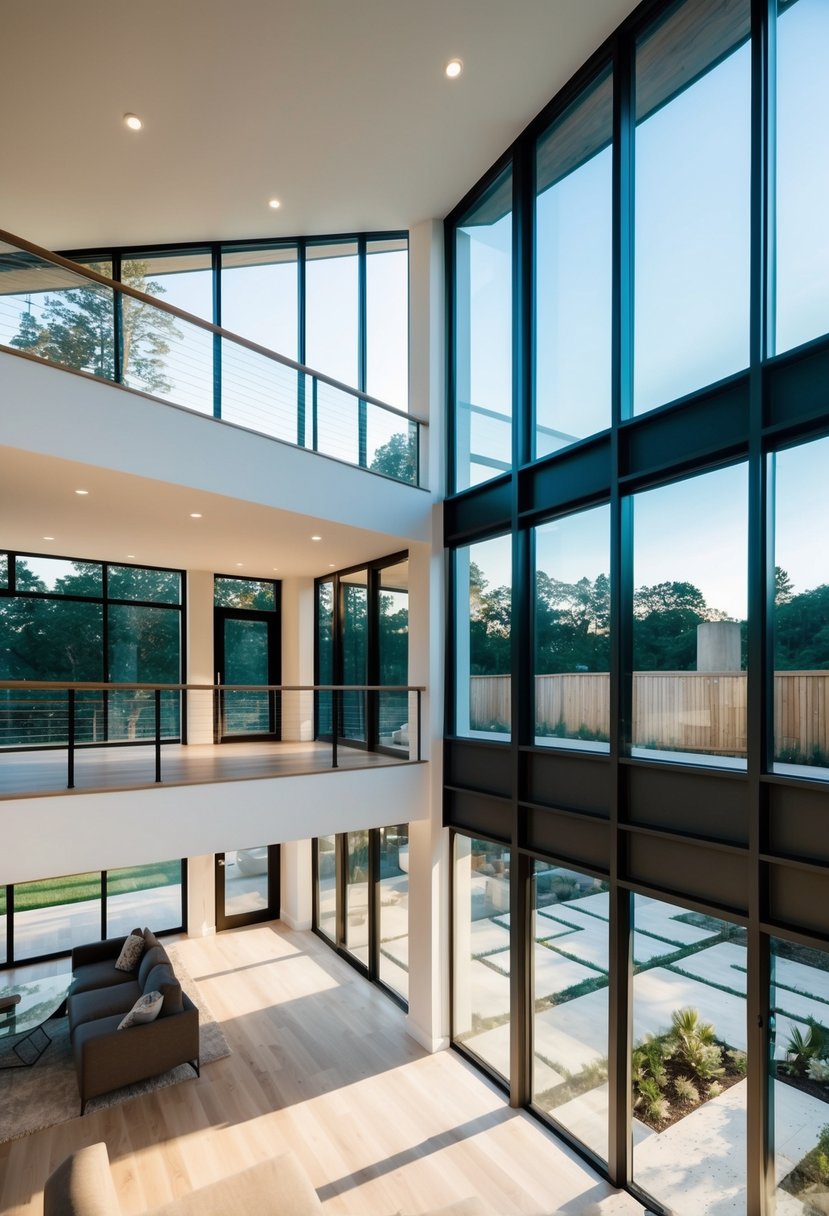 A modern split-level home with glass walls, showcasing open living spaces and natural light throughout
