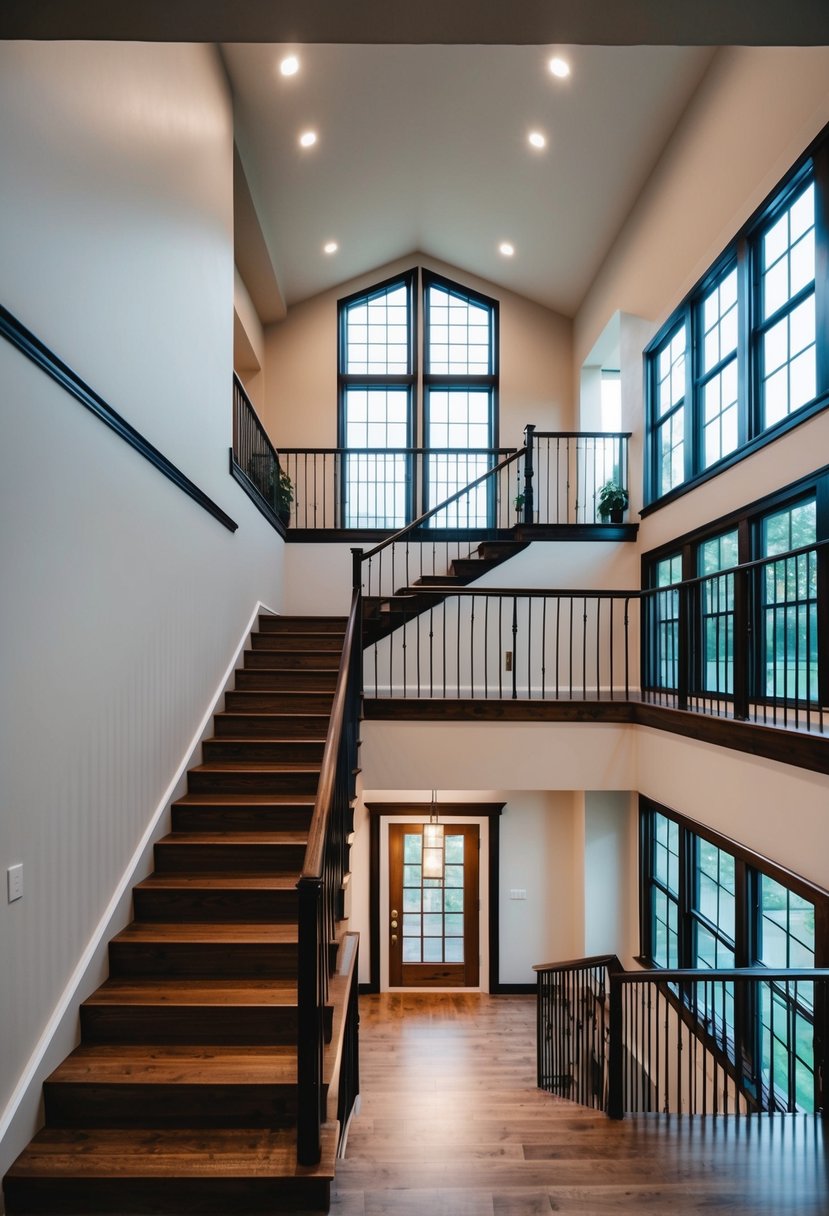A split-level home with a front staircase leading to the main entrance, large windows, and a unique layout with staggered levels