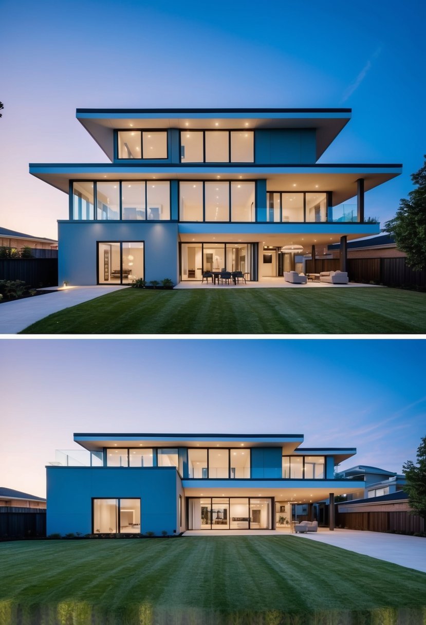 A split-level home with modern architecture, featuring multiple levels, large windows, and a spacious open floor plan
