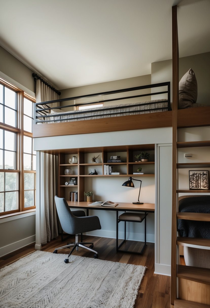 A split-level bedroom with a lofted bed, cozy reading nook, modern desk, and stylish decor. Natural light streams in from large windows, creating a warm and inviting atmosphere