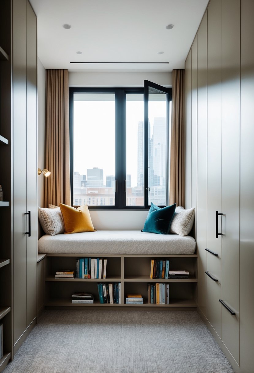 A split-level bedroom with a cozy reading nook, modern decor, and a spacious layout with natural light streaming in from large windows