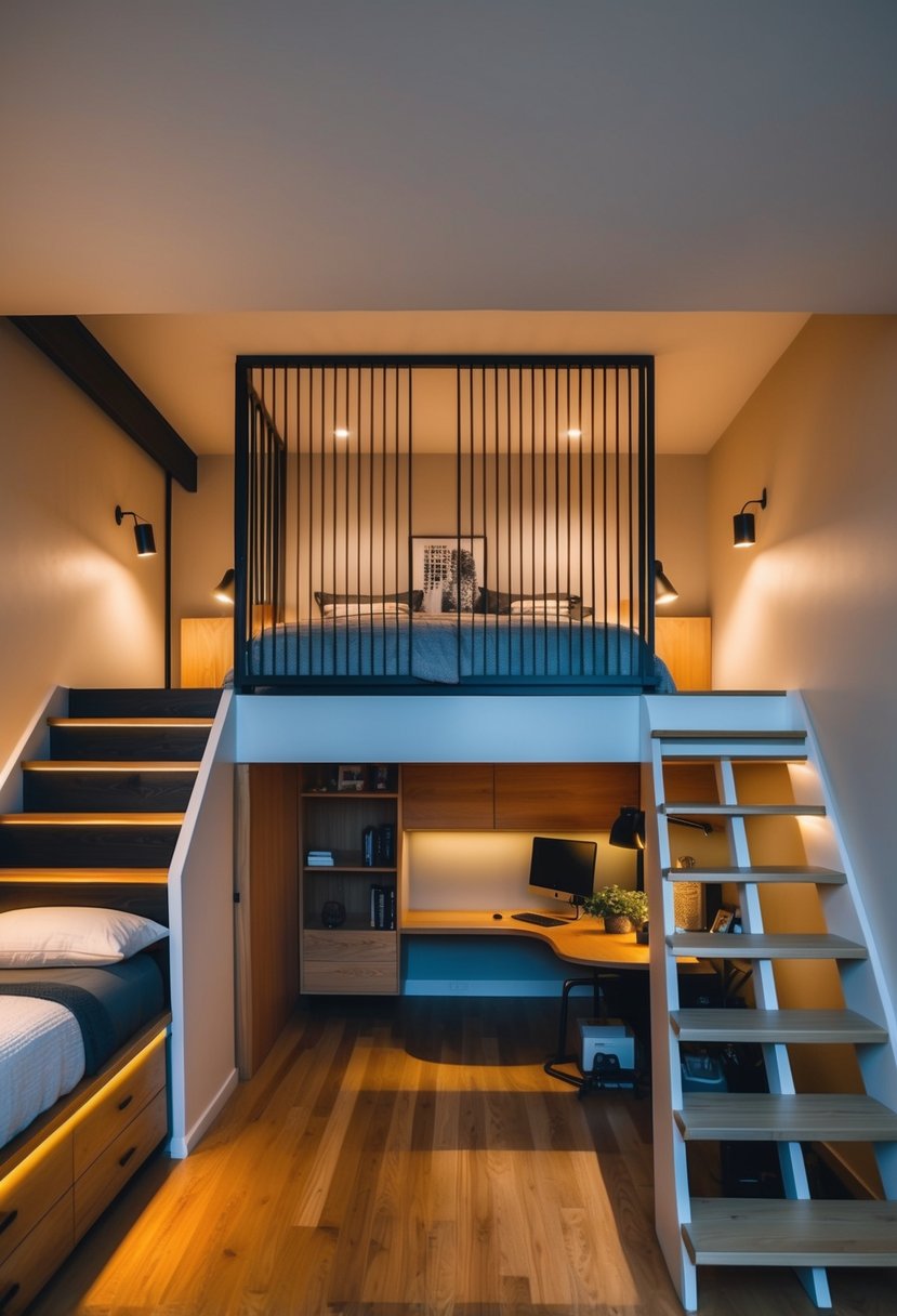 A split-level bedroom with a loft bed, cozy seating area, and stairs leading to a lower level workspace. Warm lighting and modern decor complete the inviting space