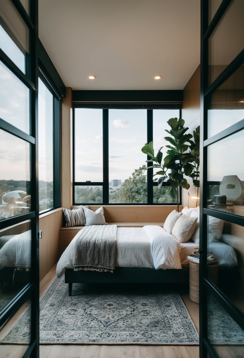 A split level bedroom with a cozy reading nook, a large window with a view, a stylish bed, and modern decor