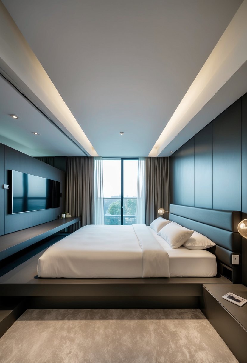 A modern bedroom with a floating bed platform, surrounded by split-level design elements